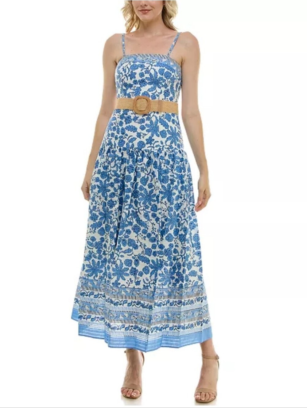 Taylor Blue And White Floral Square Neck Maxi Dress